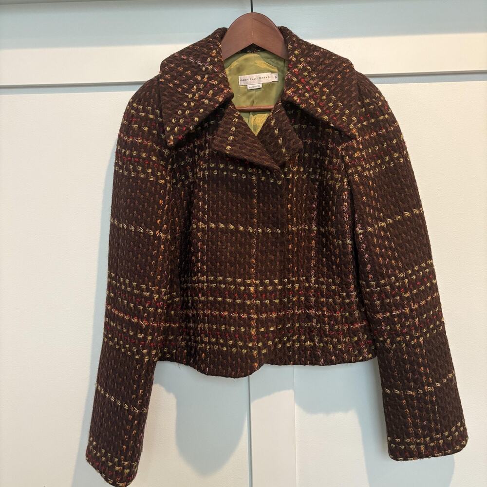 Vintage Garfield & Marks Jacket Womens 6 Brown Plaid Winged Collar Wool Made USA